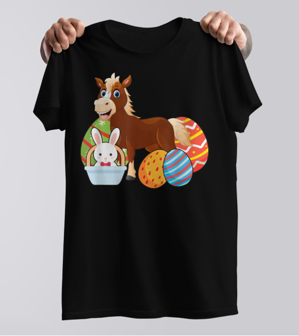 Funny Easter Horse Bunny With Colorful Eggs Happy Easter T-Shirt