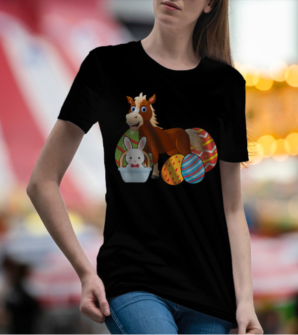 Funny Easter Horse Bunny With Colorful Eggs Happy Easter T-Shirt