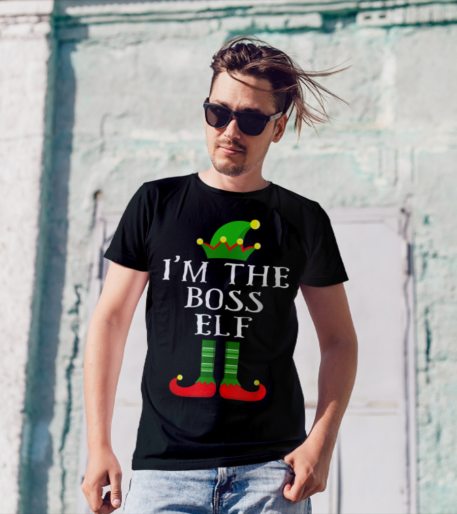 I'm The Boss Elf Christmas Humor Green Hat Striped Socks Red Shoes T-Shirt