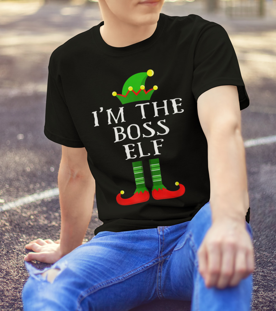 I'm The Boss Elf Christmas Humor Green Hat Striped Socks Red Shoes T-Shirt