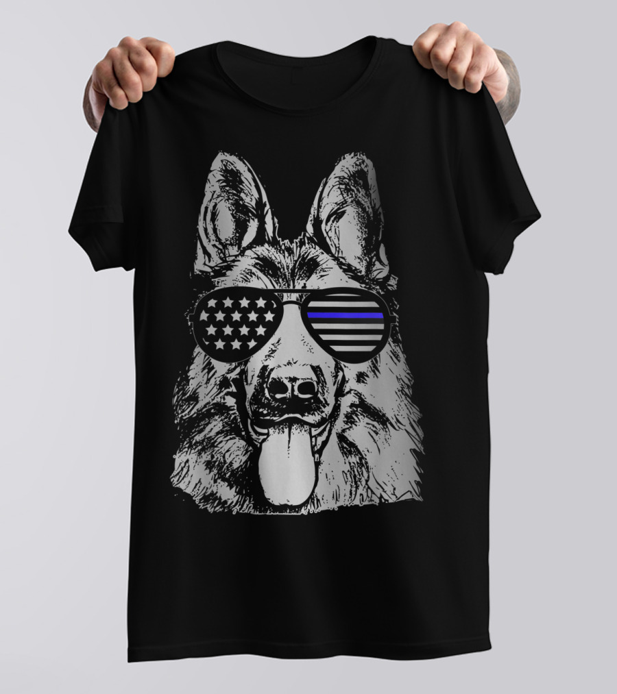 K9 Police Officer Dog Thin Blue Line Stars And Stripes Sunglasses T-Shirt