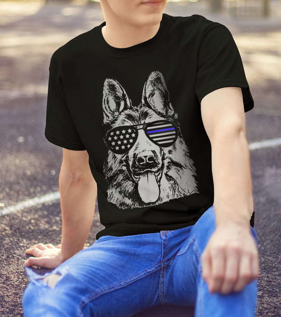 K9 Police Officer Dog Thin Blue Line Stars And Stripes Sunglasses T-Shirt