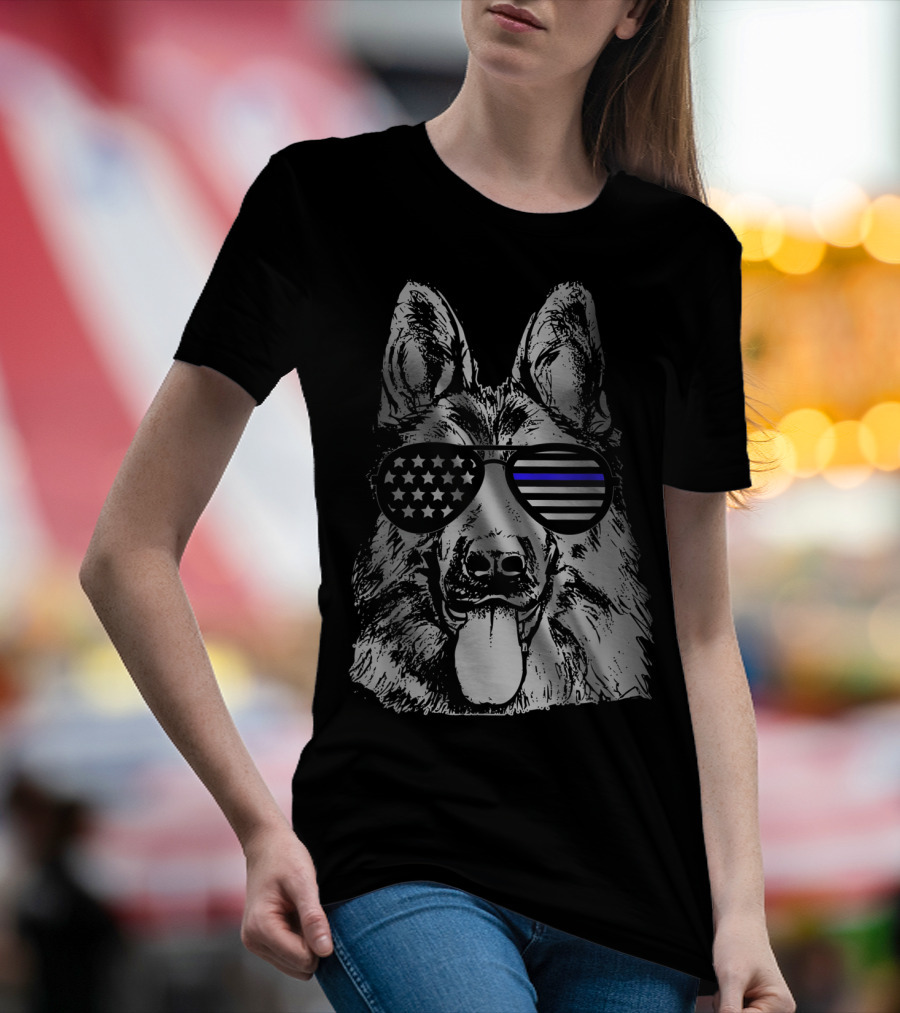 K9 Police Officer Dog Thin Blue Line Stars And Stripes Sunglasses T-Shirt