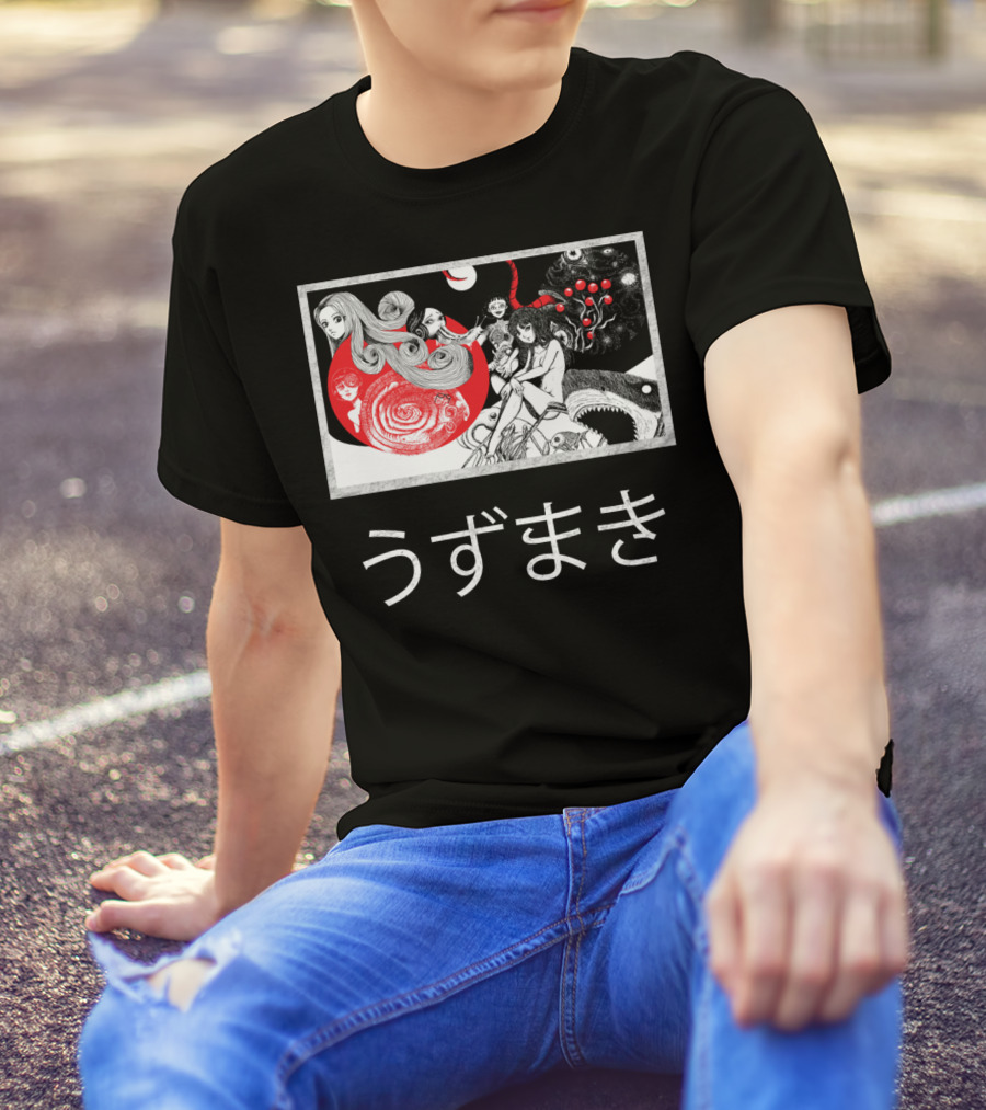 Uzumaki Japanese Horror Surreal Spiral Art With Monsters And Characters T-Shirt