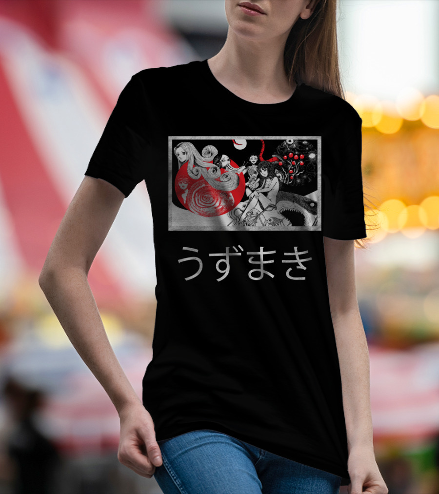Uzumaki Japanese Horror Surreal Spiral Art With Monsters And Characters T-Shirt