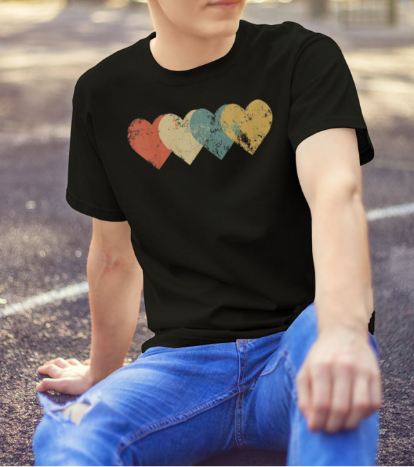 Vintage Hearts Cool Valentines Day Distressed Multicolor T-Shirt