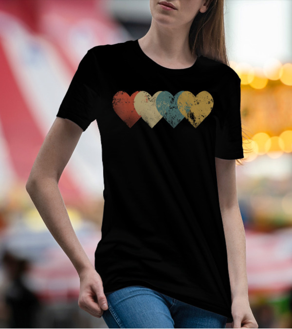 Vintage Hearts Cool Valentines Day Distressed Multicolor T-Shirt