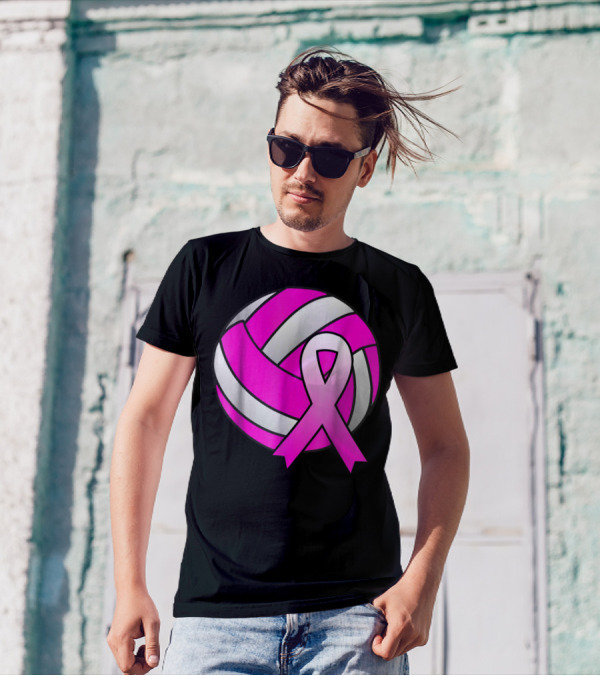 Volleyball Pink Ribbon Breast Cancer Awareness Symbol On Ball T-Shirt