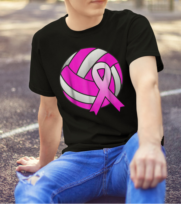 Volleyball Pink Ribbon Breast Cancer Awareness Symbol On Ball T-Shirt