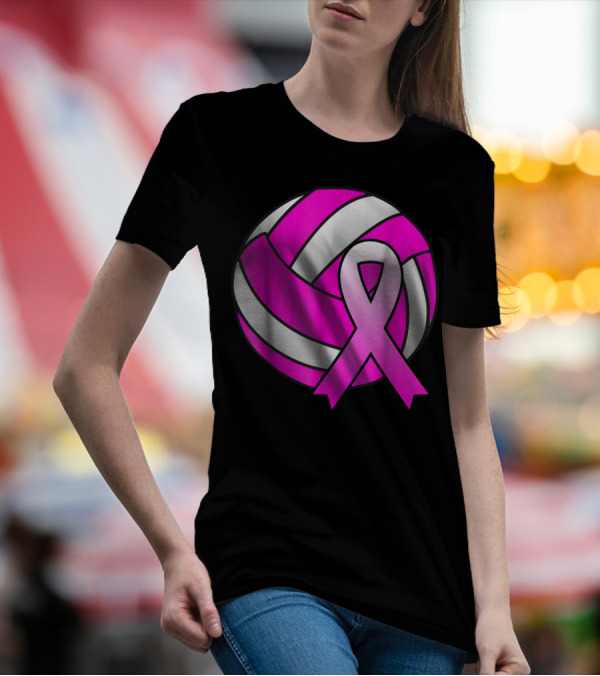 Volleyball Pink Ribbon Breast Cancer Awareness Symbol On Ball T-Shirt