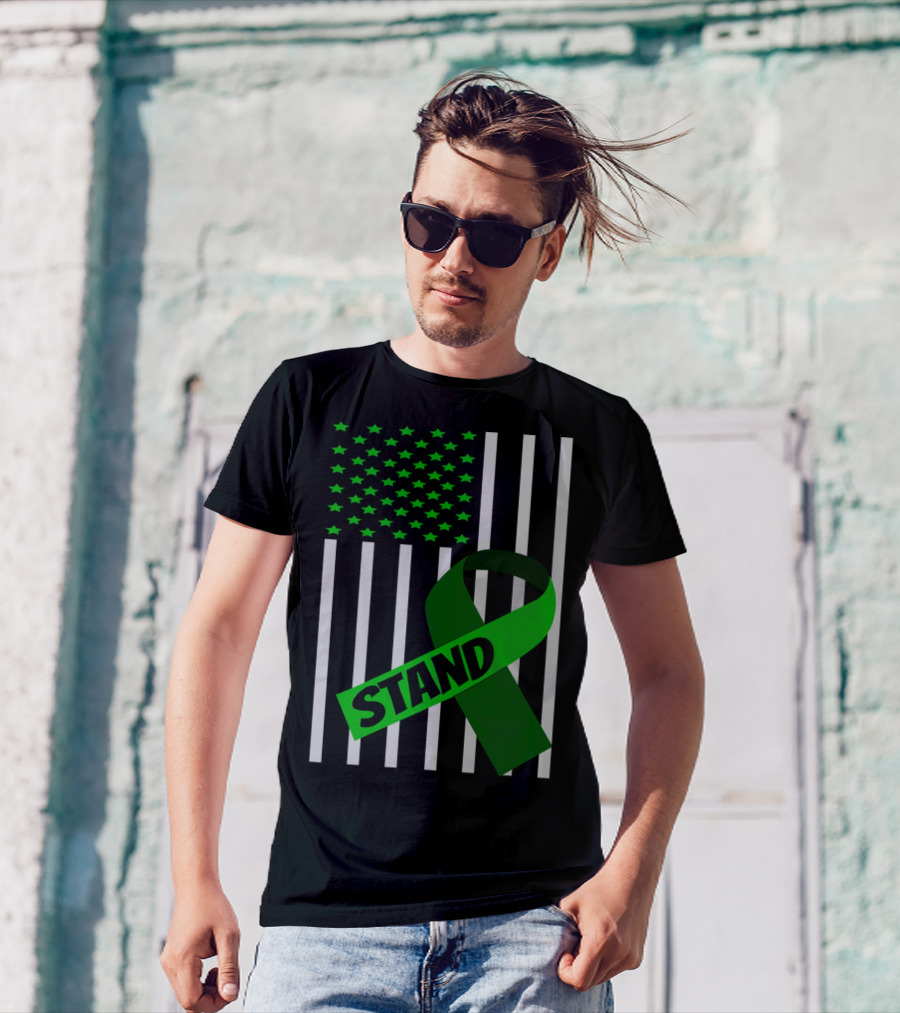 USA Flag Green Ribbon Stand Kidney Disease Awareness T-Shirt