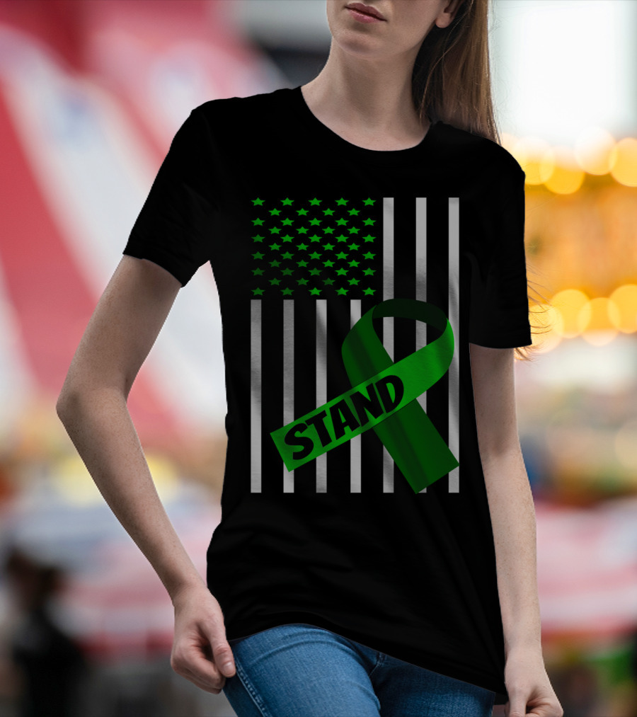 USA Flag Green Ribbon Stand Kidney Disease Awareness T-Shirt