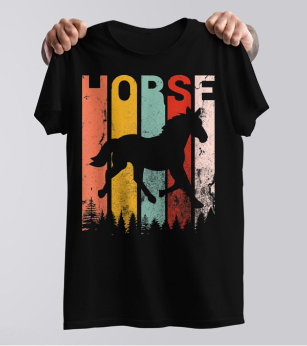 Vintage Style Horse Lover Silhouette With Colorful Stripes And Forest T-Shirt