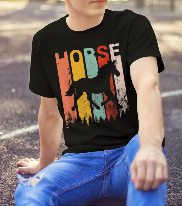 Vintage Style Horse Lover Silhouette With Colorful Stripes And Forest T-Shirt