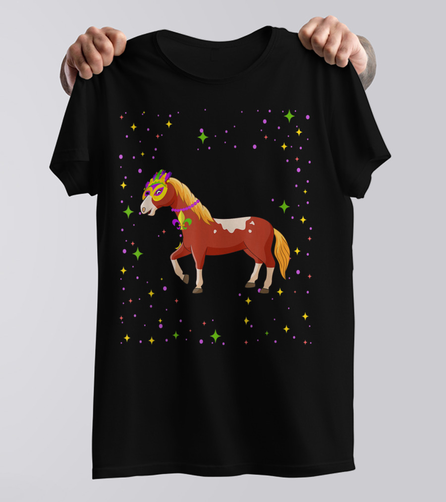 Mardi Gras Horse Wearing Mask And Beads With Colorful Stars T-Shirt
