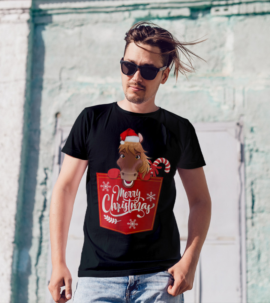Merry Christmas Santa Hat Horse Candy Cane Funny Pocket T-Shirt