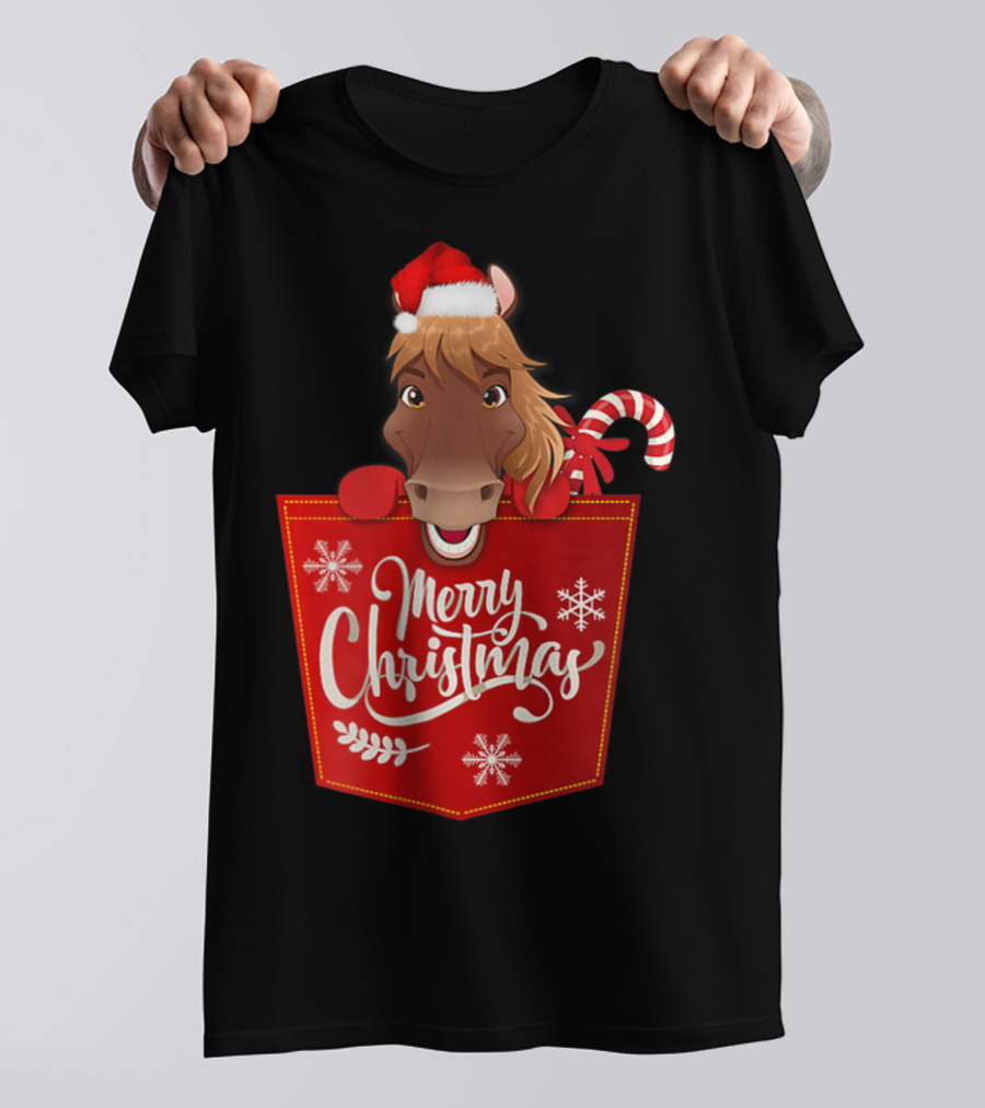 Merry Christmas Santa Hat Horse Candy Cane Funny Pocket T-Shirt