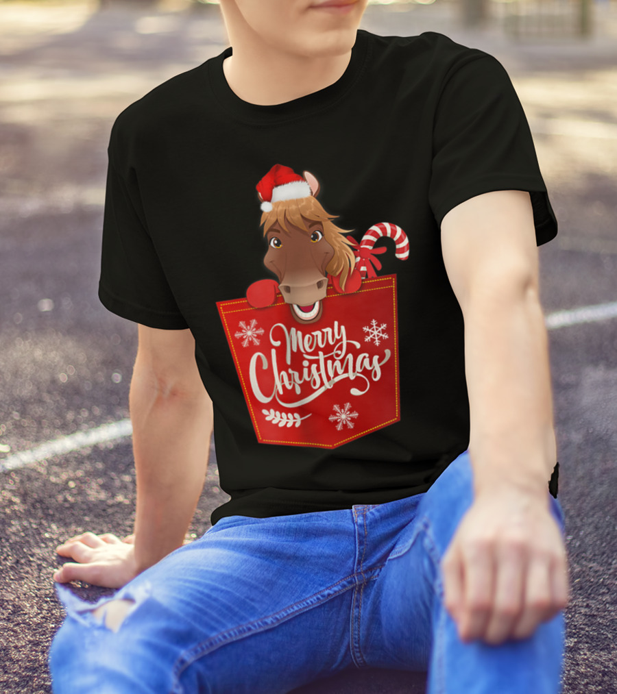 Merry Christmas Santa Hat Horse Candy Cane Funny Pocket T-Shirt