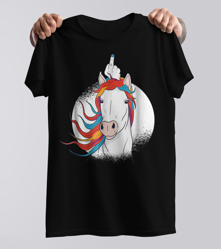 Funny Horse Unicorn Middle Finger Rainbow Mane T-Shirt