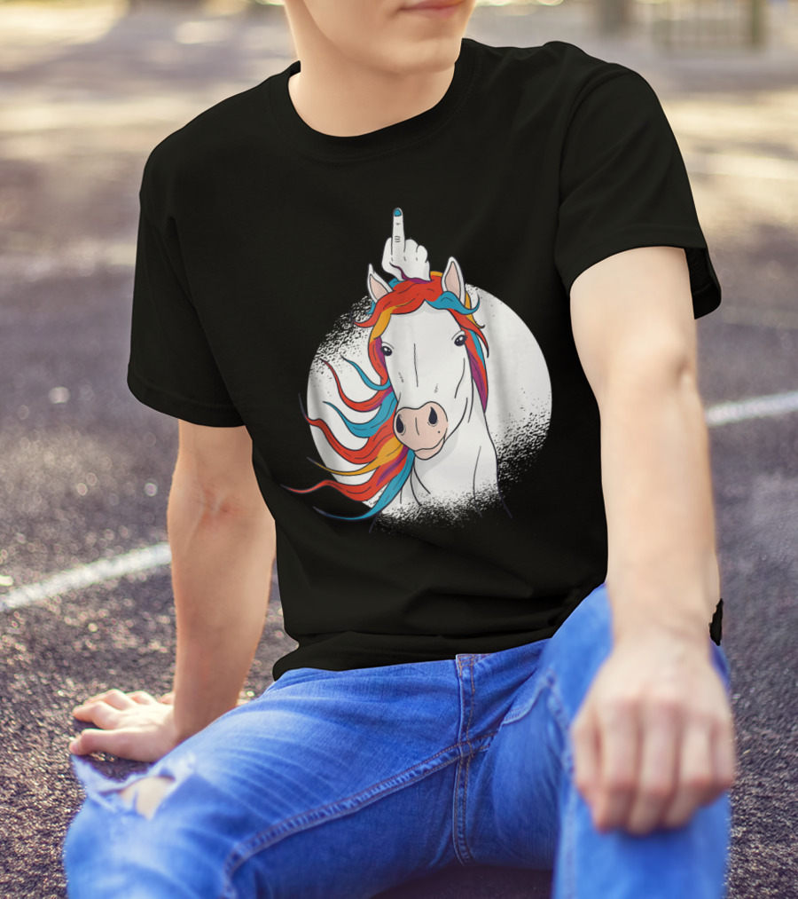 Funny Horse Unicorn Middle Finger Rainbow Mane T-Shirt
