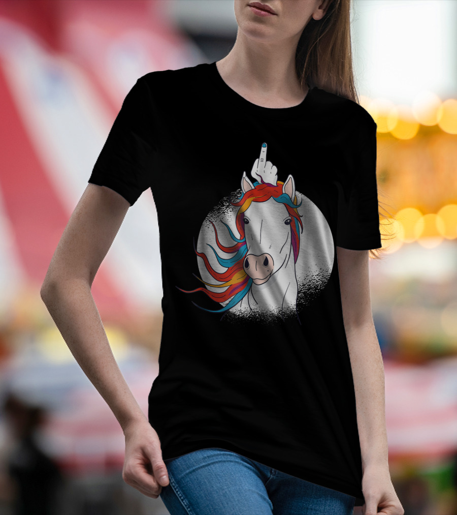 Funny Horse Unicorn Middle Finger Rainbow Mane T-Shirt