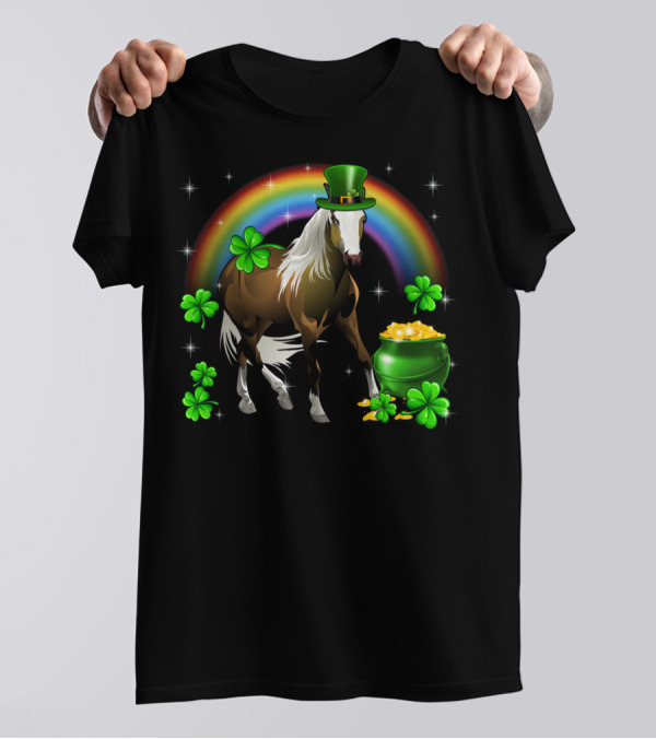 Lucky St Patricks Day Horse With Shamrocks And Rainbow T-Shirt