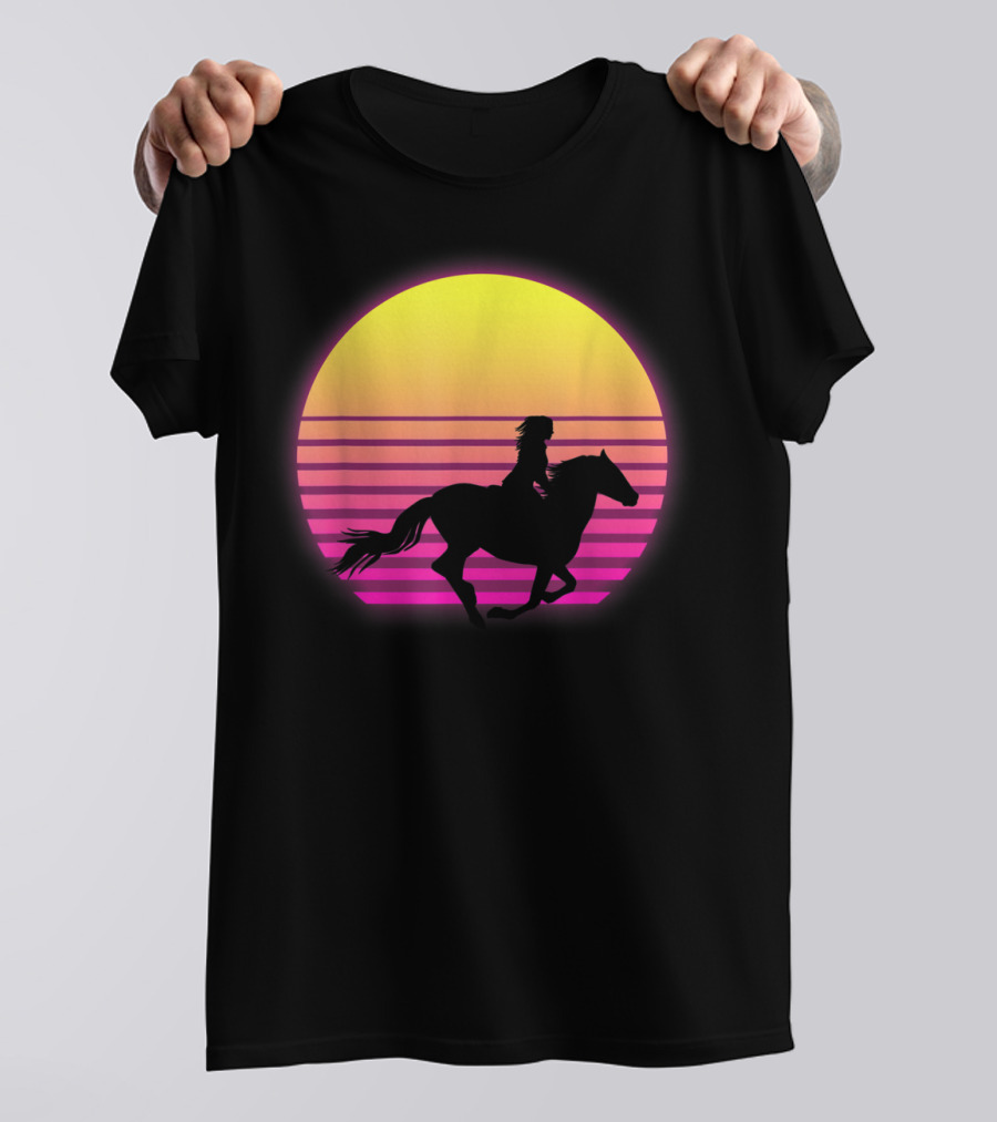 Vintage Sunset Girl Horse Riding Silhouette Retro Cool Horse T-Shirt