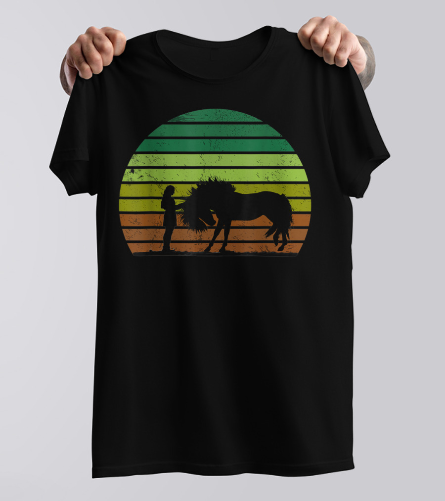 Girl And Horse Silhouette Sunset Stripes T-Shirt