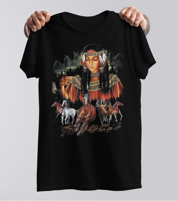 Native American Girl With Horses And Tribal Elements T-Shirt