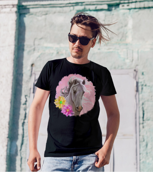 Gorgeous Horse With Vibrant Flowers On Pink Background T-Shirt