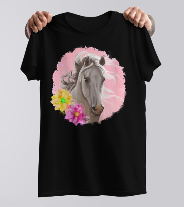 Gorgeous Horse With Vibrant Flowers On Pink Background T-Shirt