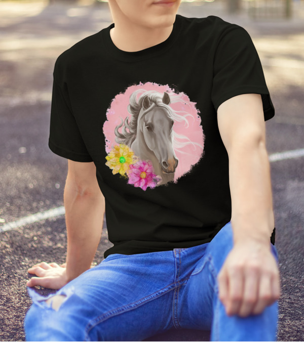 Gorgeous Horse With Vibrant Flowers On Pink Background T-Shirt