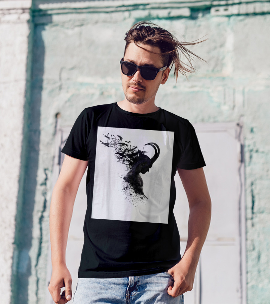 Loki Norse God Of Mischief Silhouette With Birds And Horns T-Shirt