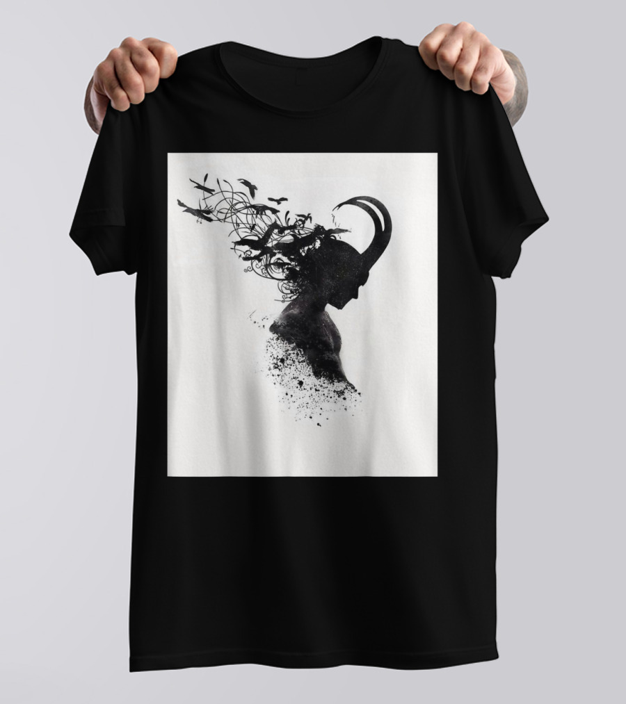 Loki Norse God Of Mischief Silhouette With Birds And Horns T-Shirt