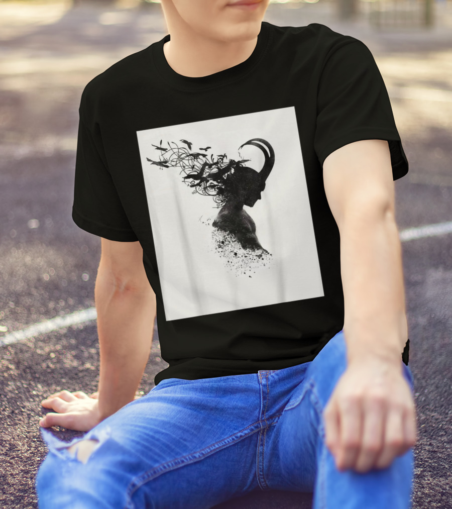 Loki Norse God Of Mischief Silhouette With Birds And Horns T-Shirt