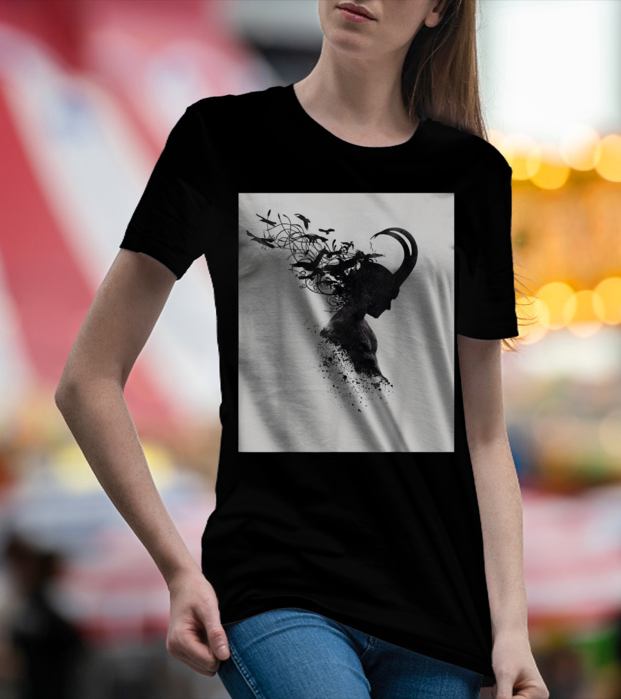 Loki Norse God Of Mischief Silhouette With Birds And Horns T-Shirt