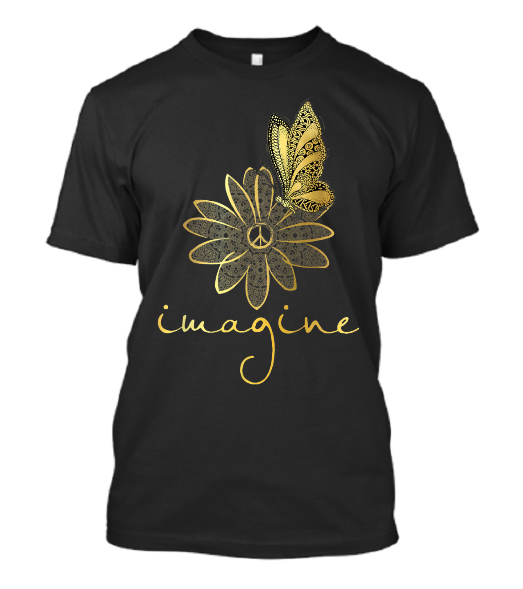 Imagine Peace Symbol Flower Butterfly Mandala T-Shirt