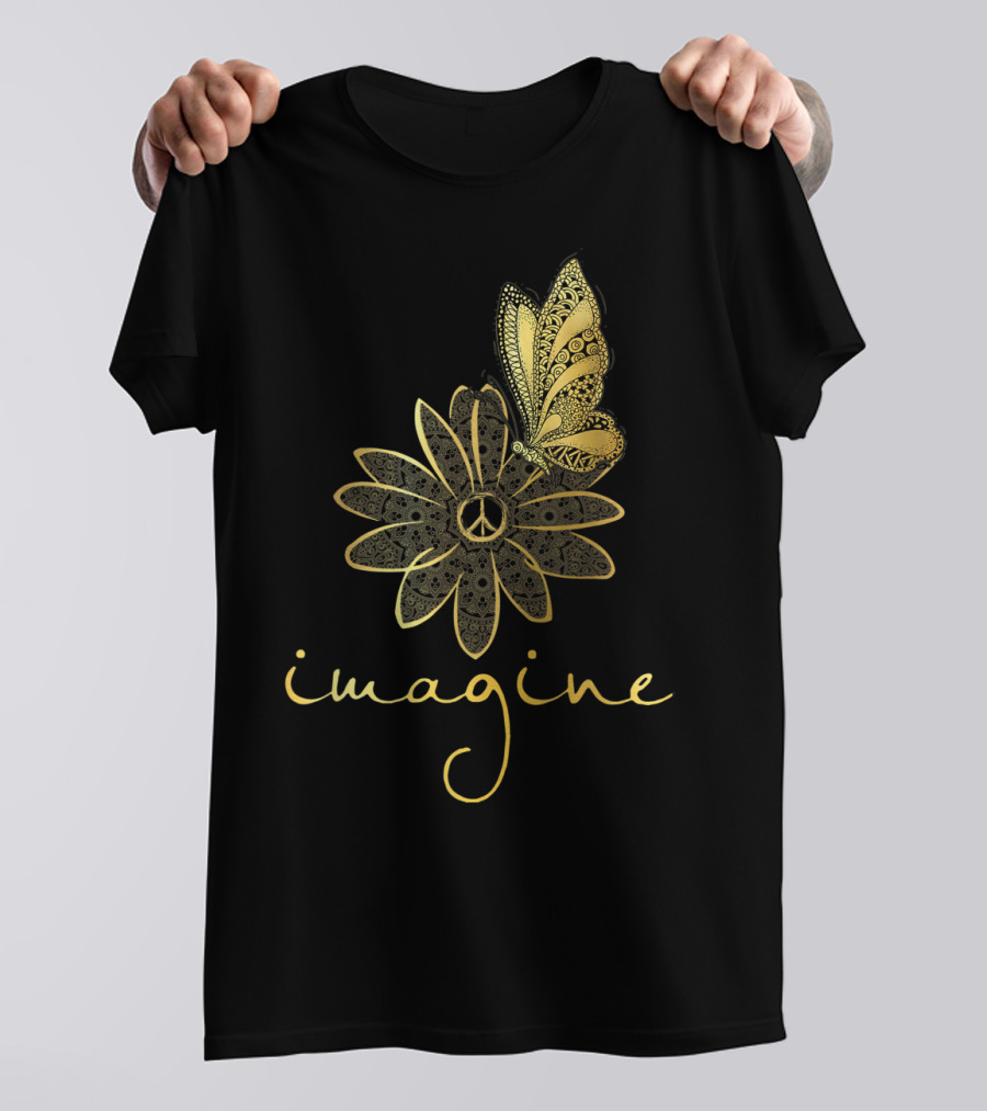 Imagine Peace Symbol Flower Butterfly Mandala T-Shirt