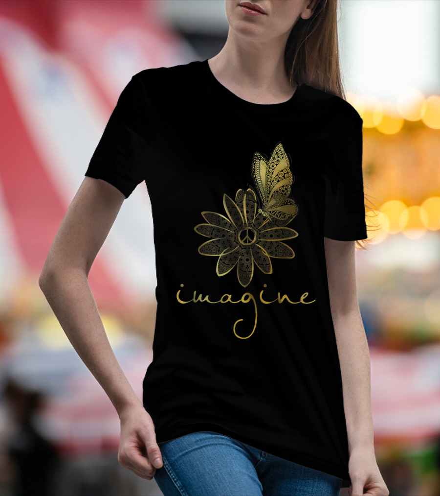 Imagine Peace Symbol Flower Butterfly Mandala T-Shirt