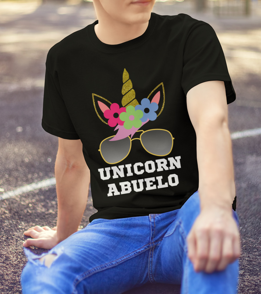 Unicorn Abuelo With Sunglasses And Floral Unicorn Horn T-Shirt