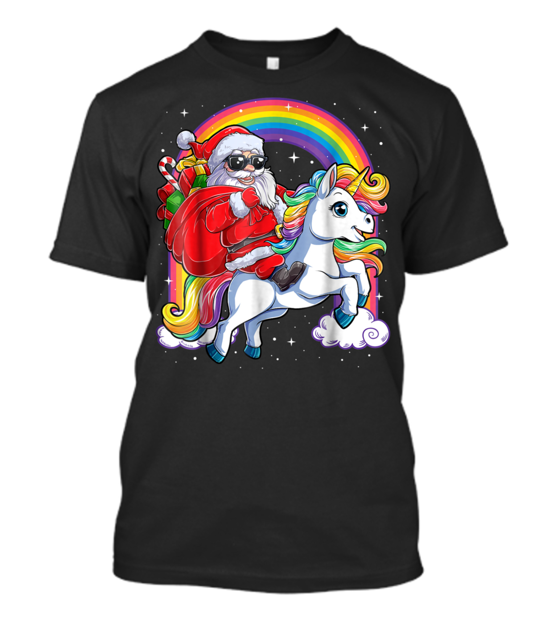 Santa Claus Riding Rainbow Unicorn Christmas Adventure T-Shirt