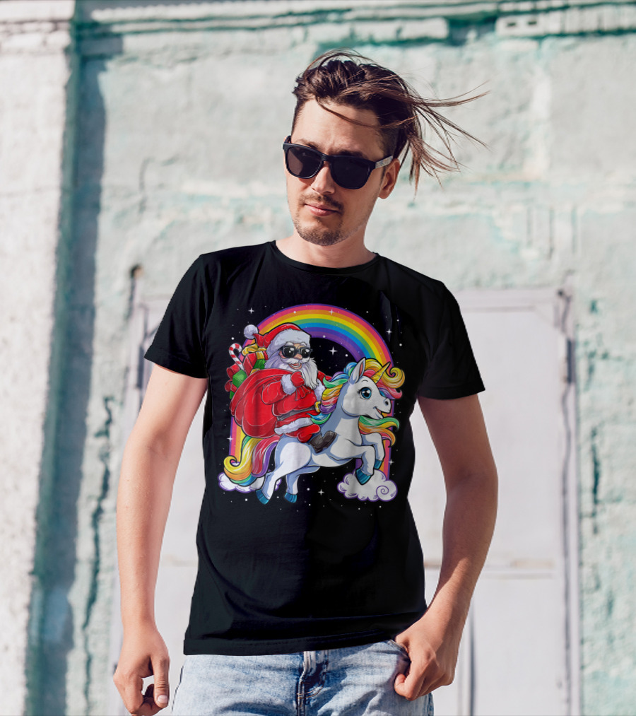 Santa Claus Riding Rainbow Unicorn Christmas Adventure T-Shirt