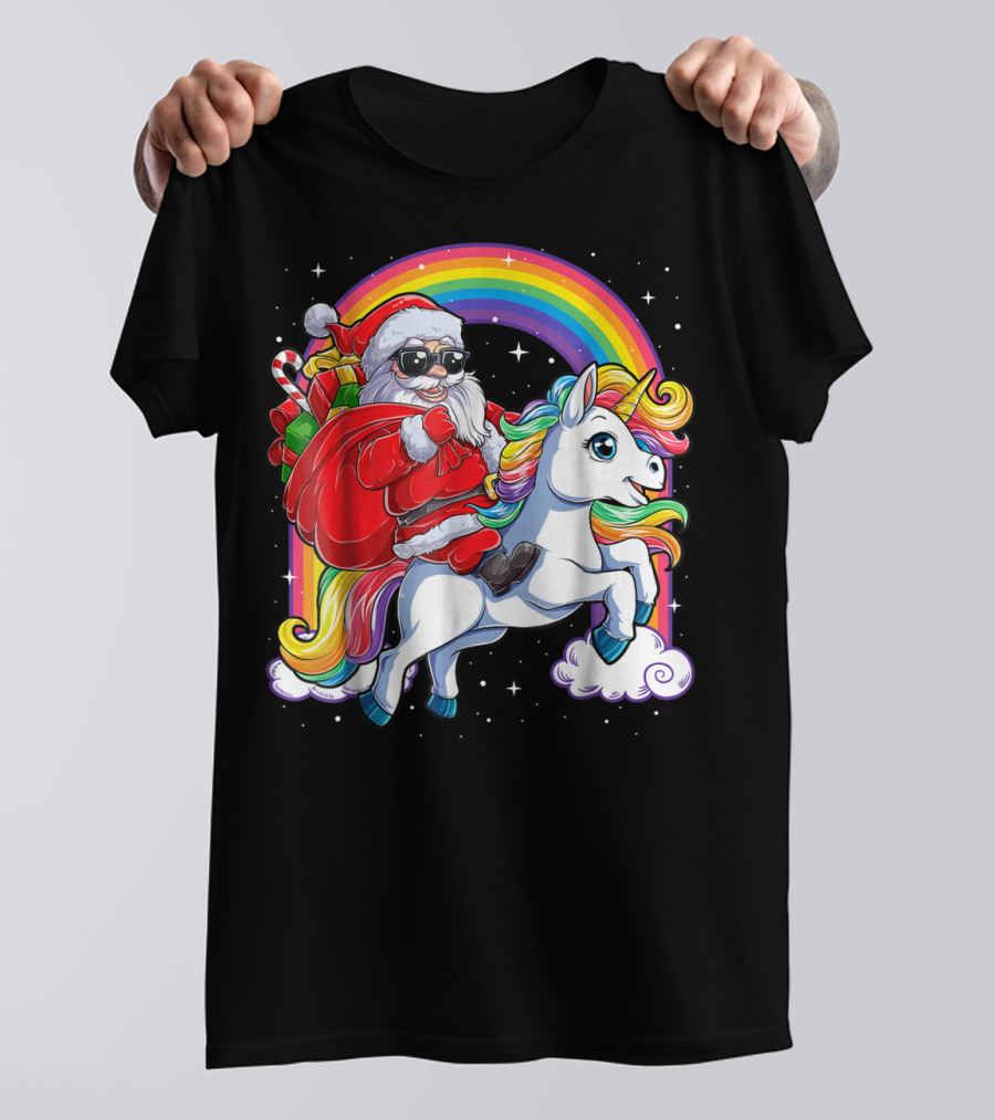 Santa Claus Riding Rainbow Unicorn Christmas Adventure T-Shirt