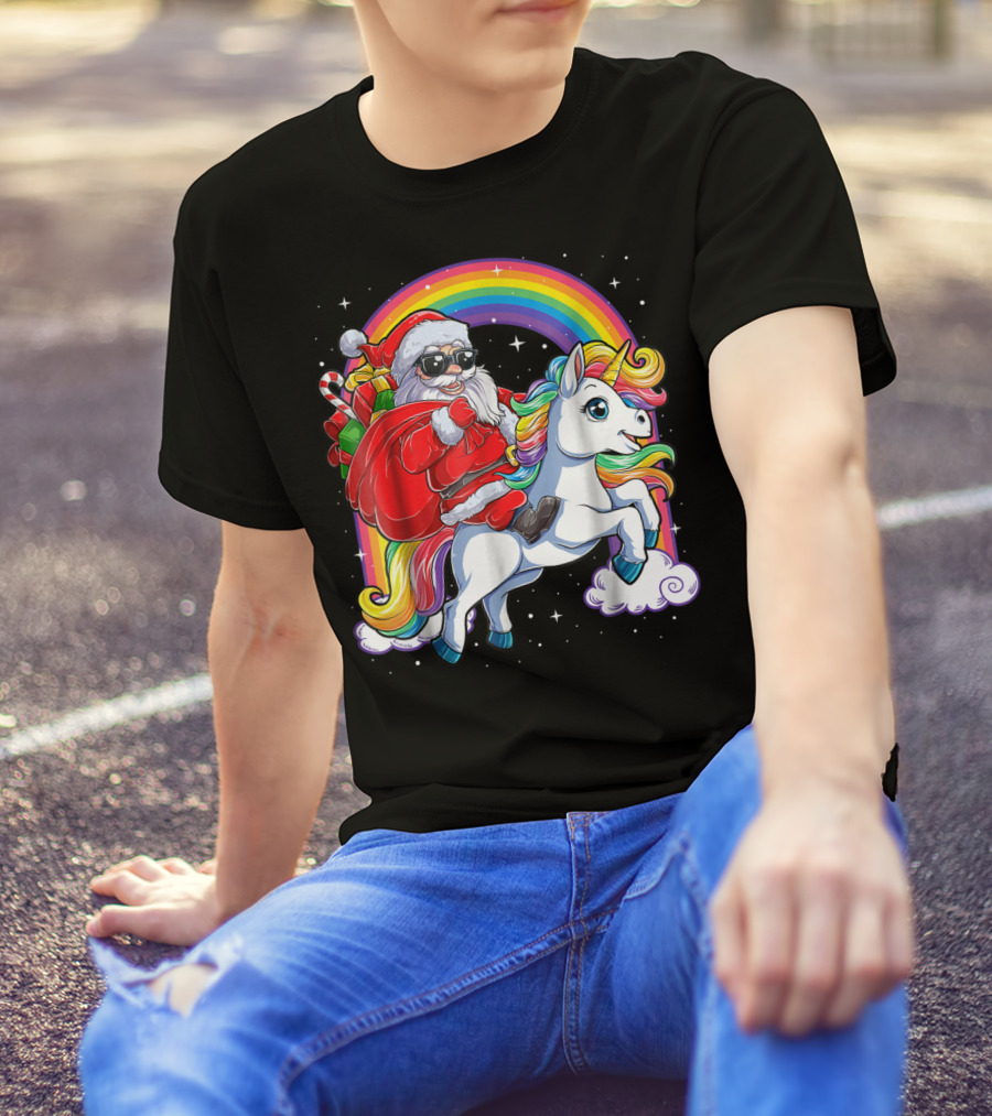 Santa Claus Riding Rainbow Unicorn Christmas Adventure T-Shirt