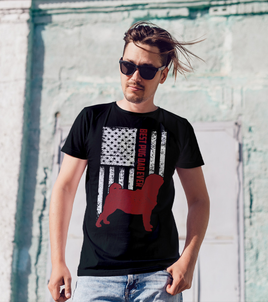 Best Pug Dad Ever Vintage USA Flag American T-Shirt