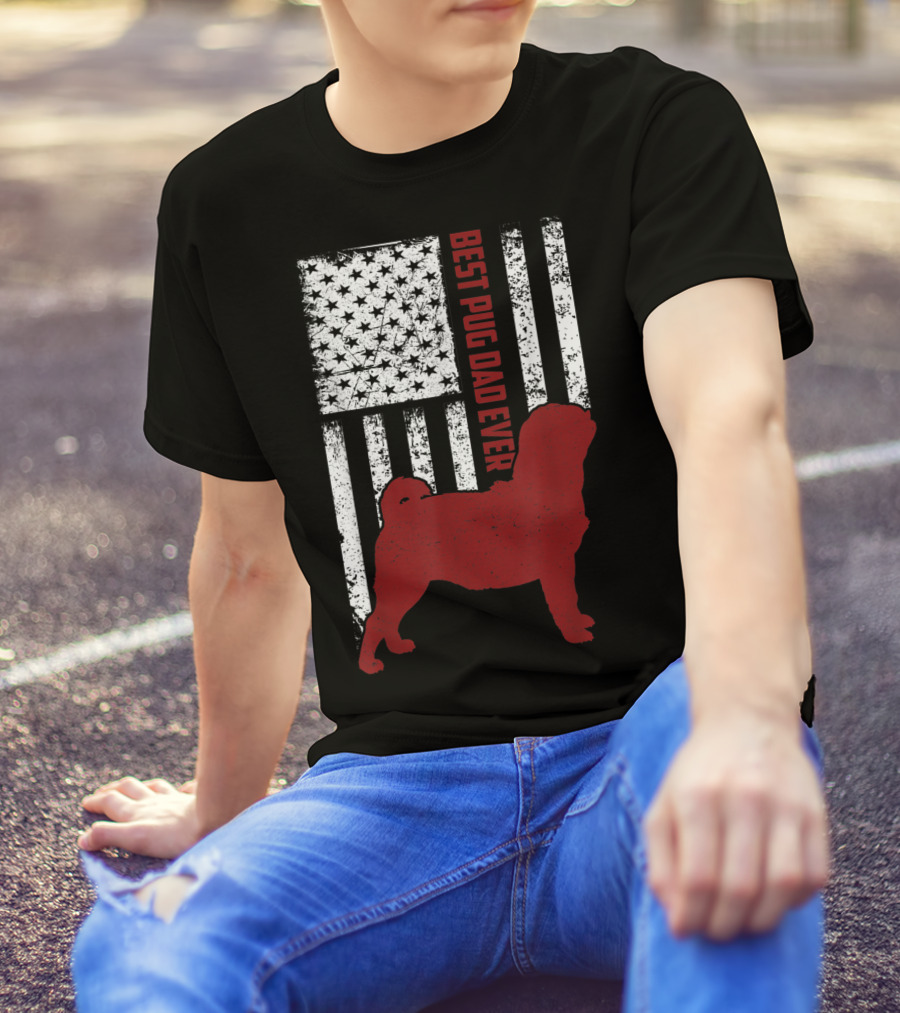 Best Pug Dad Ever Vintage USA Flag American T-Shirt