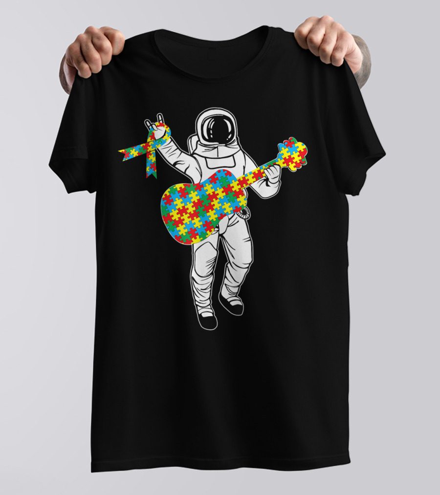 Astronaut Autism Awareness Space Puzzle Guitar T-Shirt