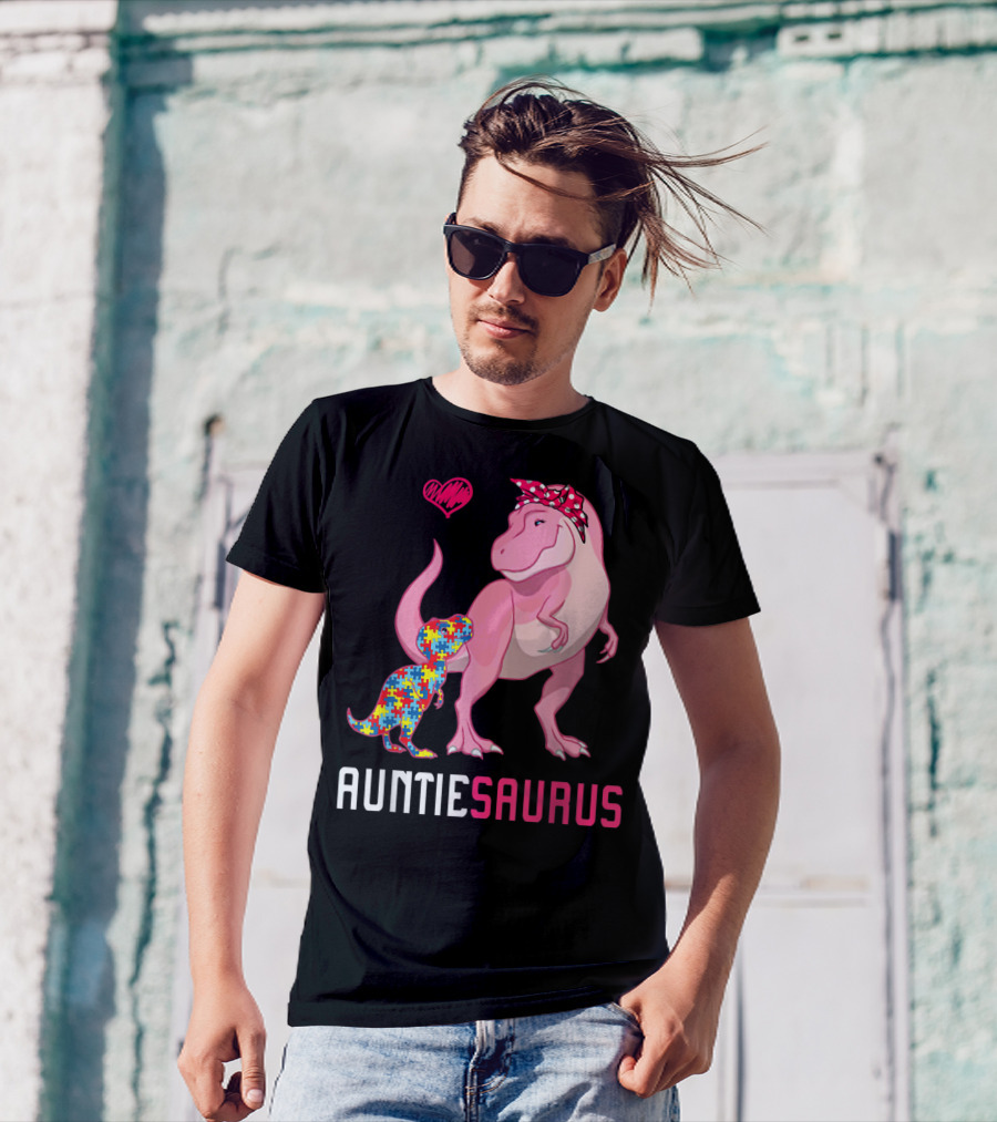 Auntiesaurus Autism Awareness Puzzle Pattern Heart T-Shirt
