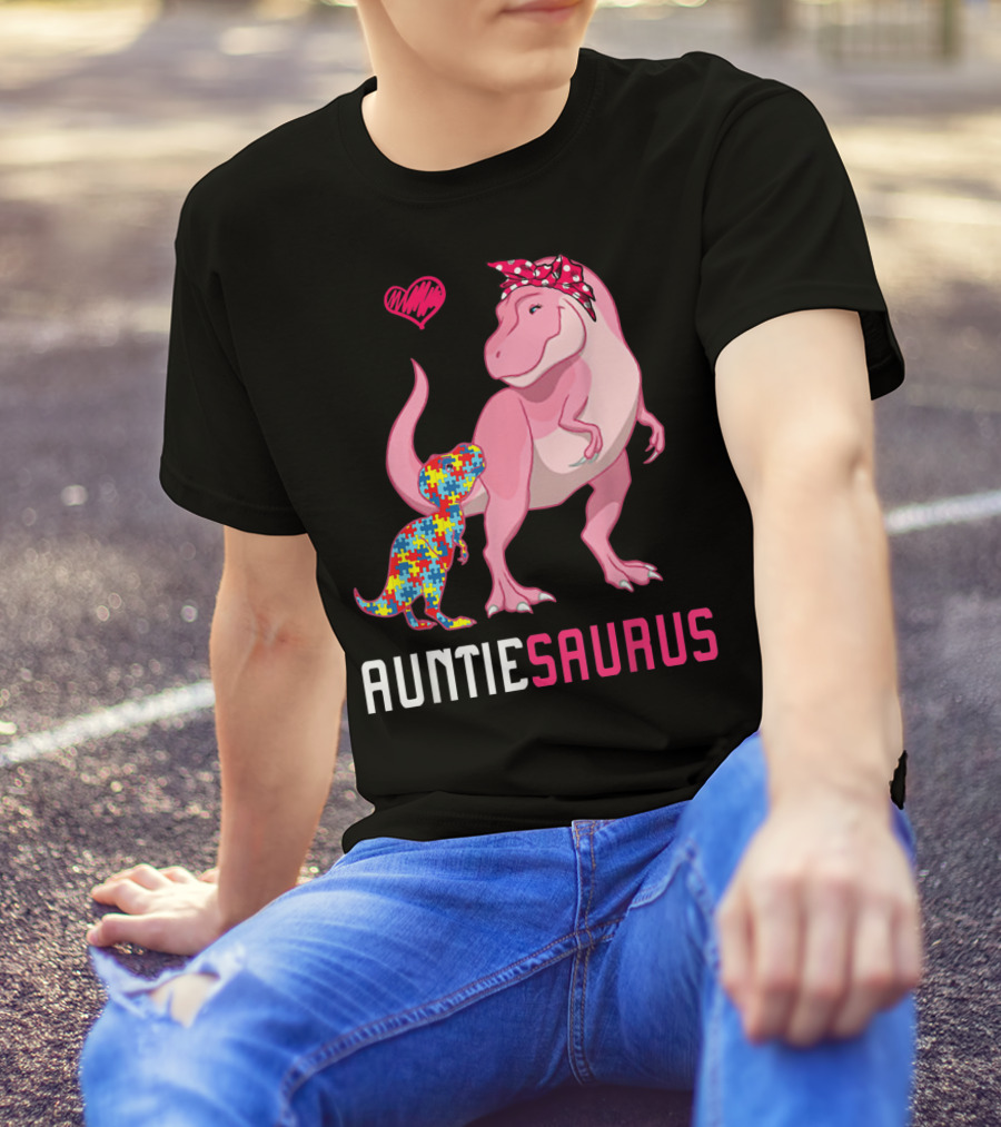 Auntiesaurus Autism Awareness Puzzle Pattern Heart T-Shirt
