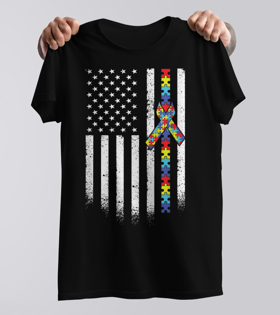 American Flag Autism Puzzle Ribbon Awareness T-Shirt